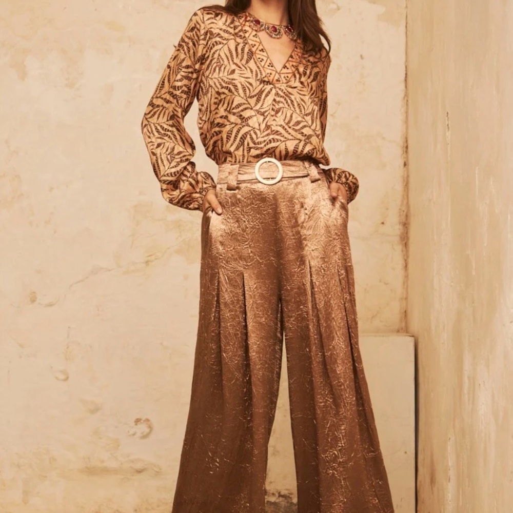Mauve/ Orchid Satin Belted Wide-Leg Pants